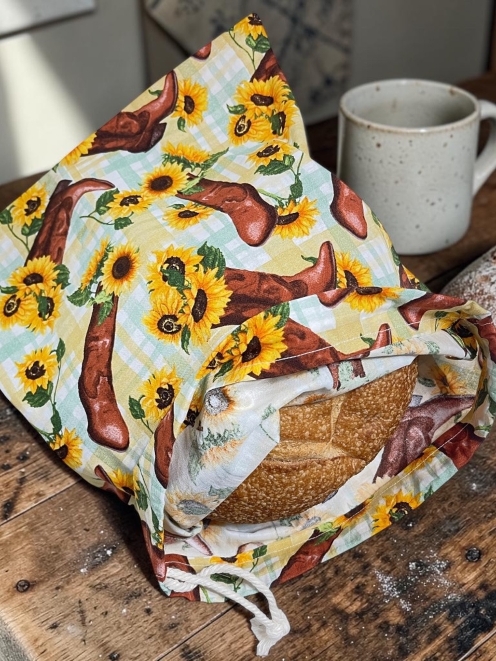 Cowgirl Boot & Sunflower Cotton Bread Bag, Western Reusable Bread Bag, Handmade